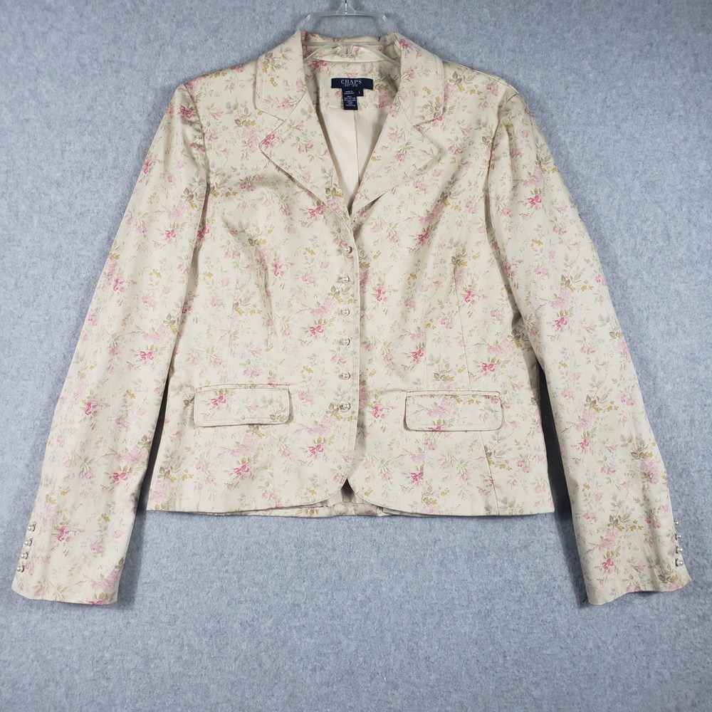 Floral Print Blazer Womens M Cream Pink Yellow Botanical Jacket Romance‎ Fitted
